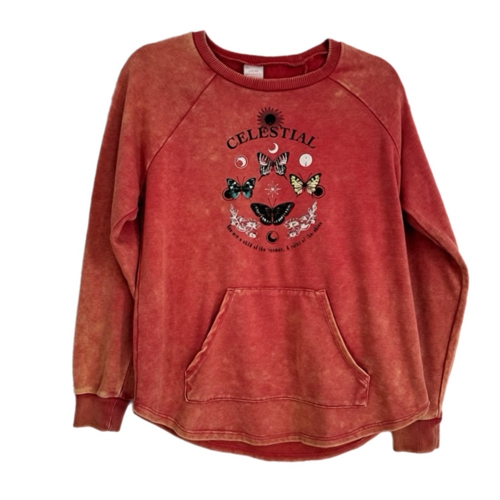 No Boundaries Junior Celestial Butterfly Mineral Wash Pullover Sweatshirt - Picture 2 of 9
